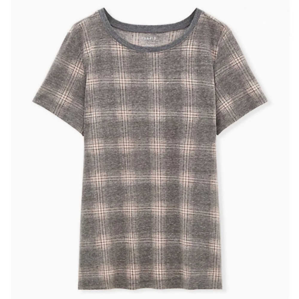 Torrid Classic Fit Tee Shirt Gray & Peach Plaid - Picture 1 of 9